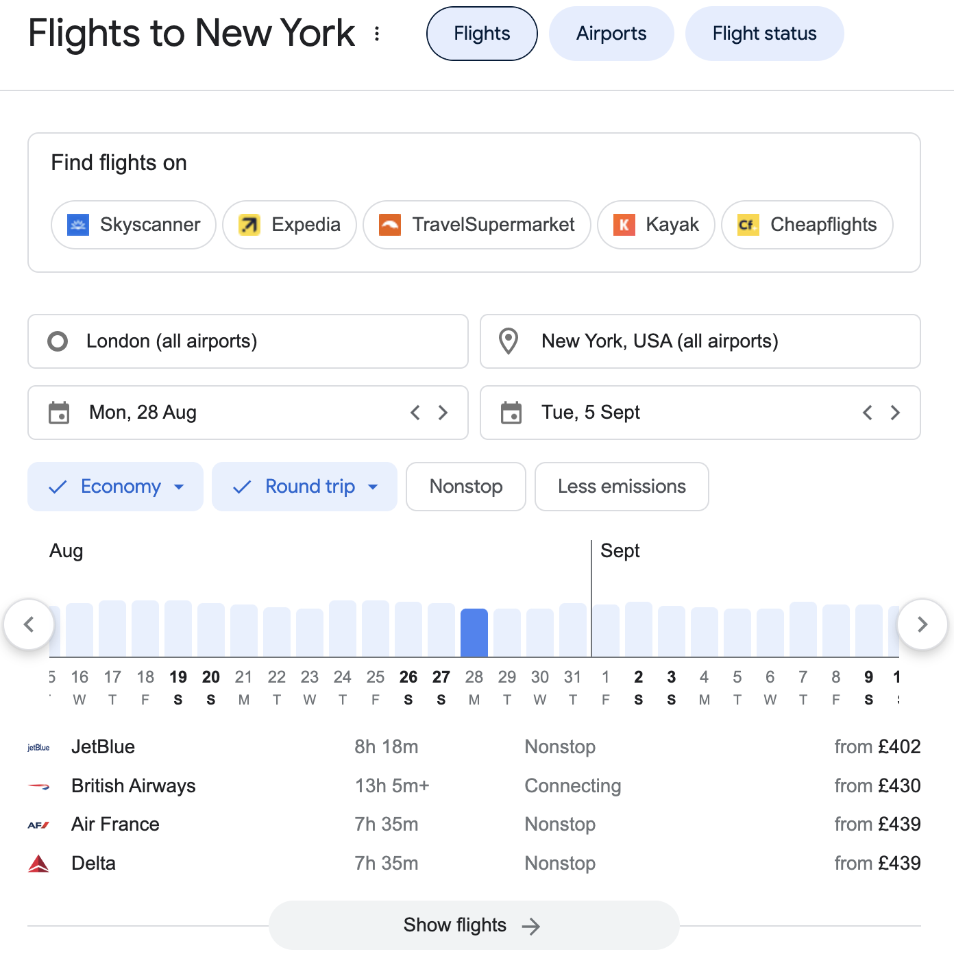 Google's Flight Pack SERP feature