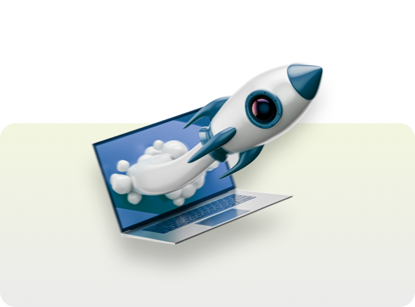 Rocket emerging from a laptop representing Pi’s co-marketing programs, joint content creation, and growth enablement for agency partners.