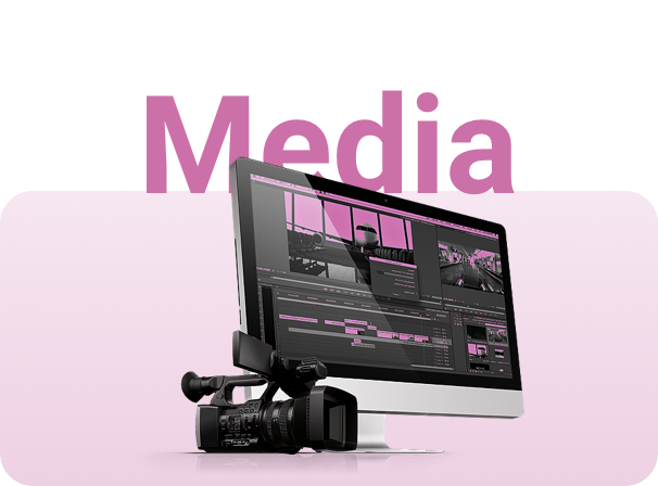Image of a desktop editing suite and camera equipment, used with a case study describing a 25 percent uplift in subscription growth driven by organic search insights.