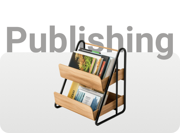 Illustration of a magazine and book rack, supporting a case study highlighting a 61 percent increase in organic visibility for a consumer publisher.