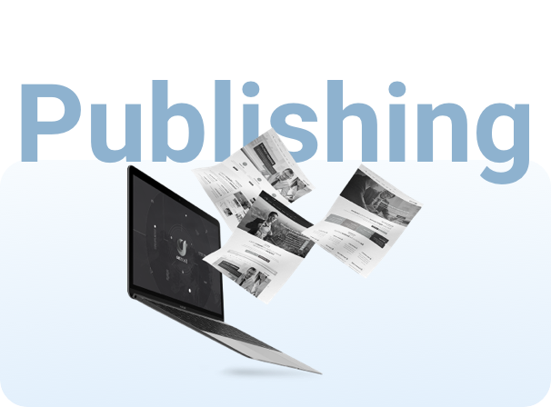 Illustration of a laptop with article pages flying upward, accompanying a case study showing a 70 percent increase in page-one visibility for a global publisher.