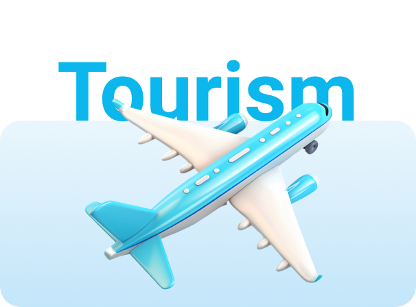 Three customer success examples for Travel, Hotel, and Tourism. Travel shows a mobile flight-booking interface with a +40% increase in organic traffic across flight pages. Hotel shows a building graphic with +28% visibility growth for high-value destinations. Tourism shows an airplane graphic with improved AI-era brand presence across conversational search.