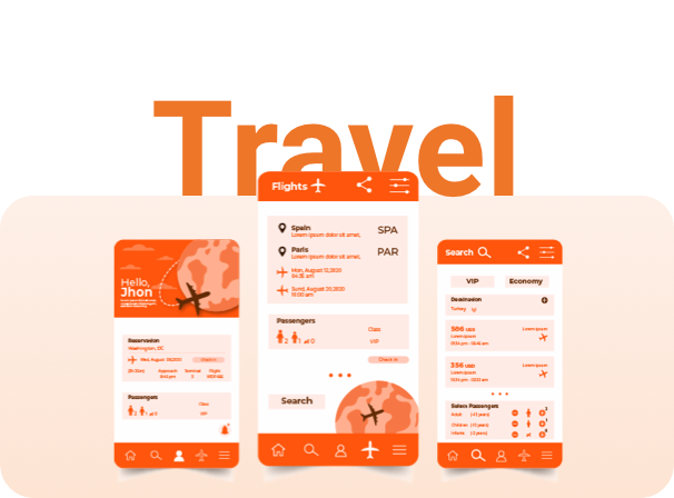 Three customer success examples for Travel, Hotel, and Tourism. Travel shows a mobile flight-booking interface with a +40% increase in organic traffic across flight pages. Hotel shows a building graphic with +28% visibility growth for high-value destinations. Tourism shows an airplane graphic with improved AI-era brand presence across conversational search.