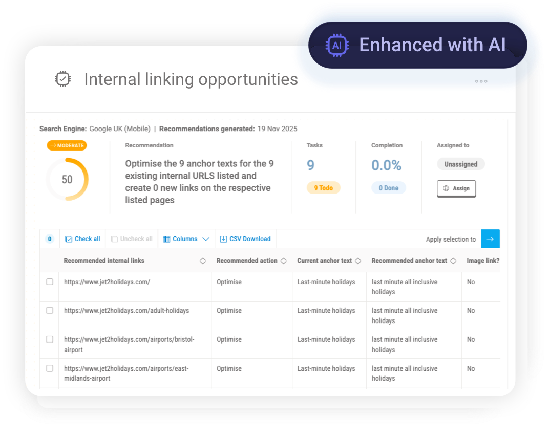 Internal linking opportunities dashboard highlighting recommended links to strengthen page authority.