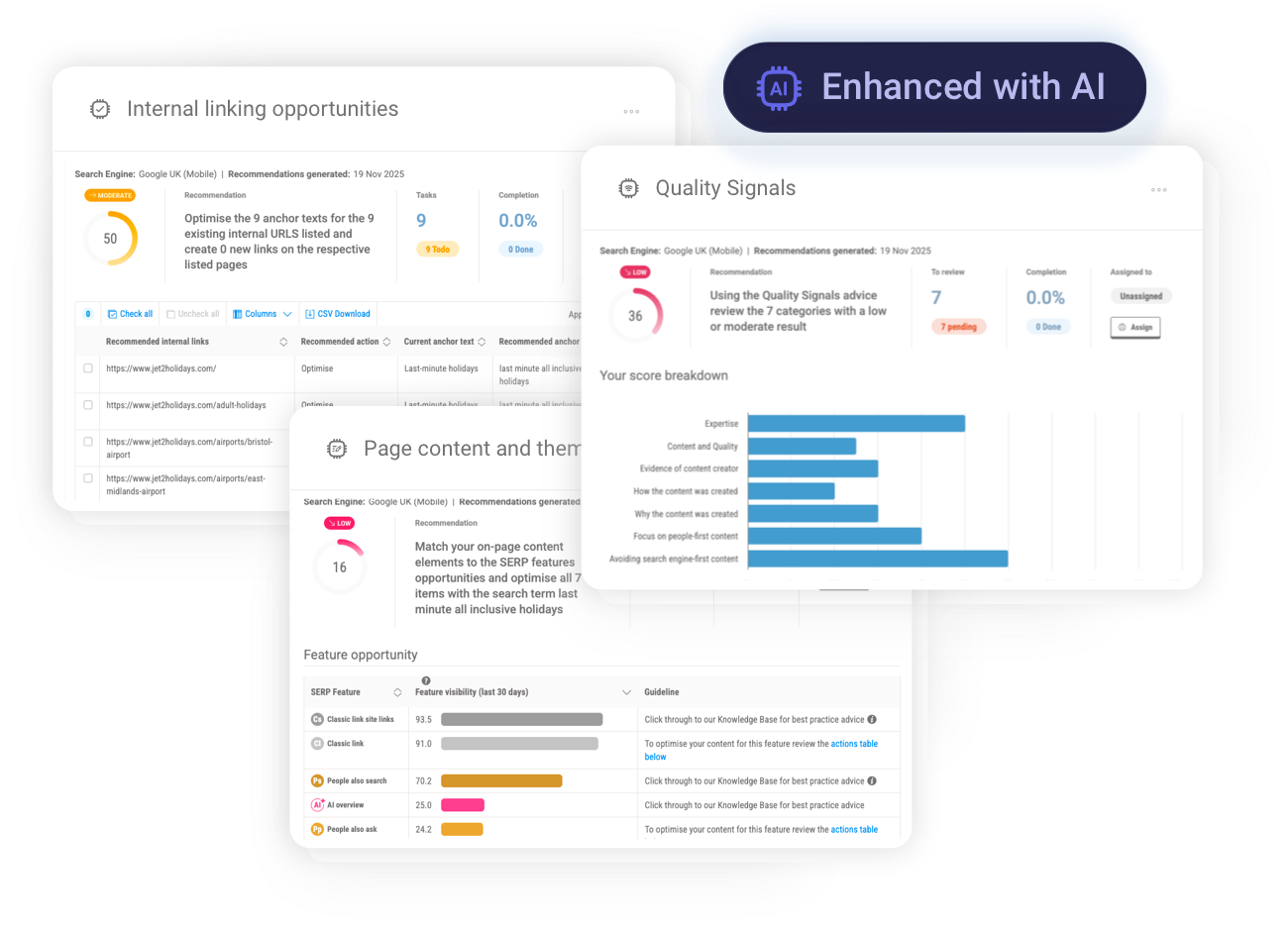 Pi Datametrics AI Content Optimization dashboard showing content quality, internal linking and performance insights.