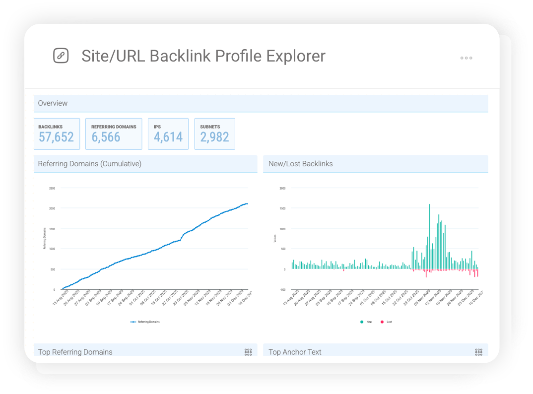 Backlink profile overview showing link growth trends, authority distribution and risk indicators.
