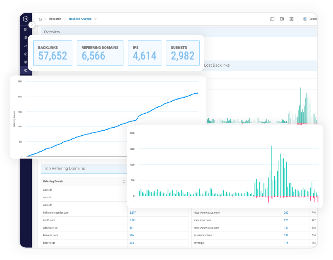 Pi Datametrics Backlink Management dashboard showing backlink growth, authority metrics and risk signals.