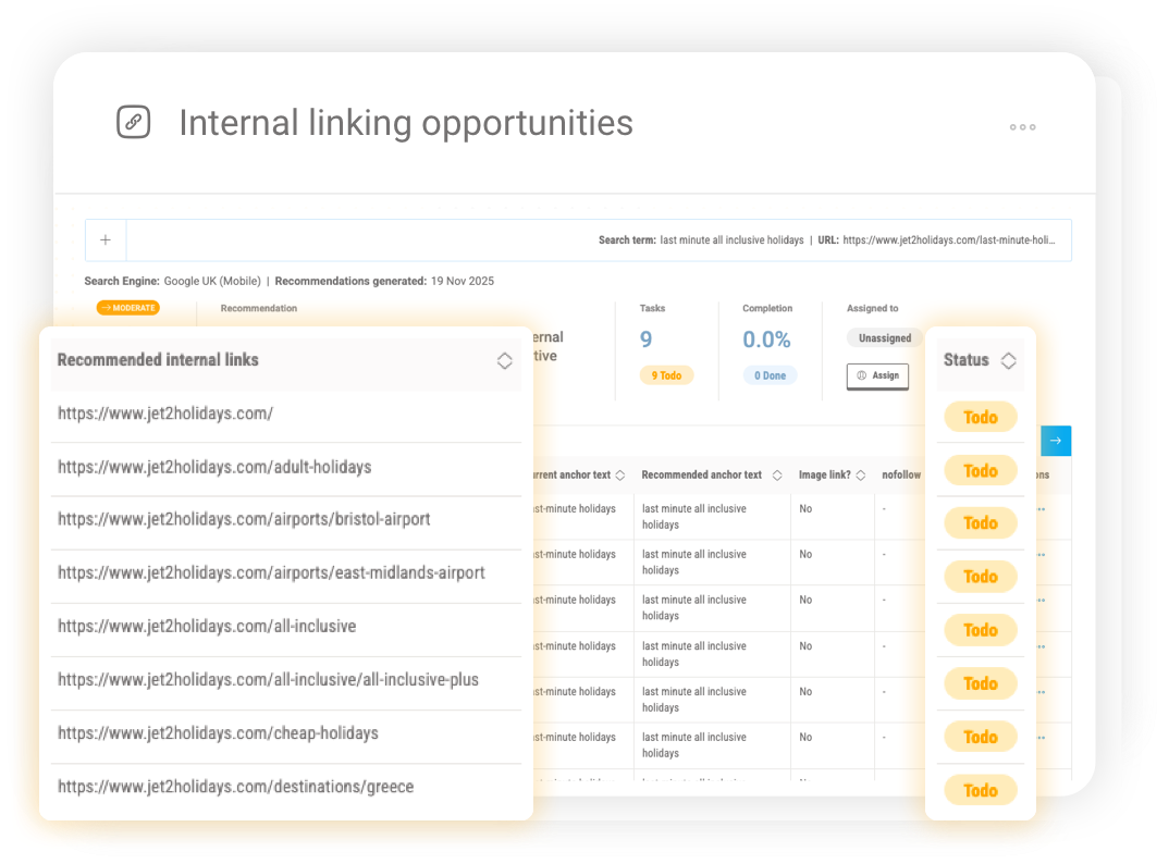 Internal linking opportunities view highlighting high-value link pathways to priority pages.