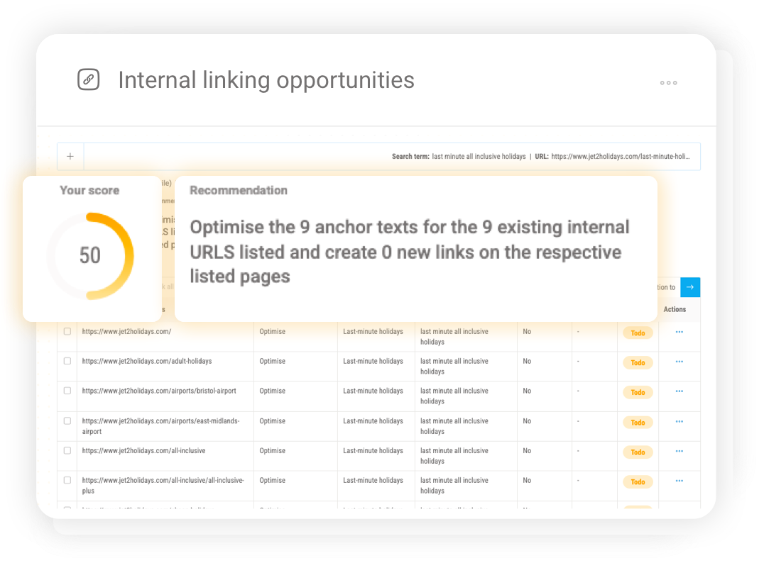 Anchor text optimisation interface showing recommended internal anchors aligned to page intent.