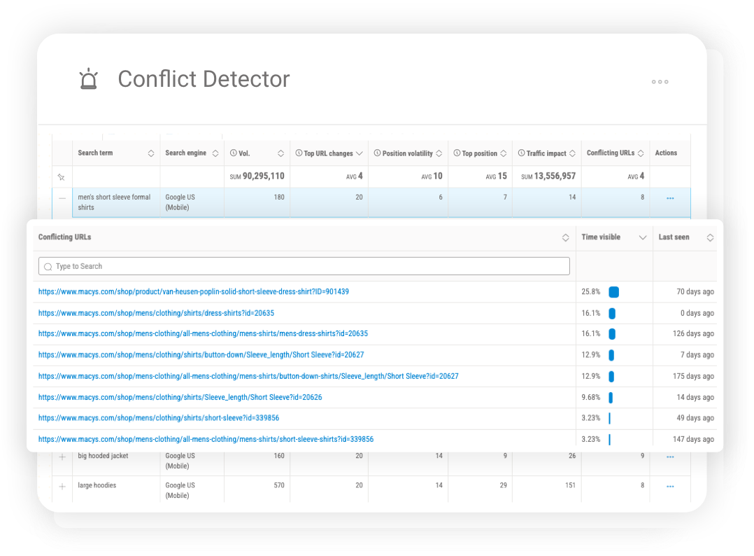 Page-level view identifying the exact URLs competing for the same search terms.