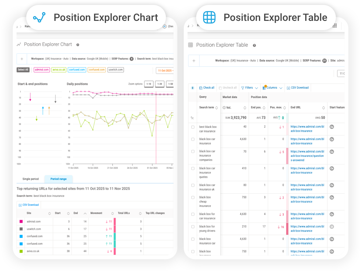 Keyword performance comparing market-level visibility and ranking trends across tracked competitors.