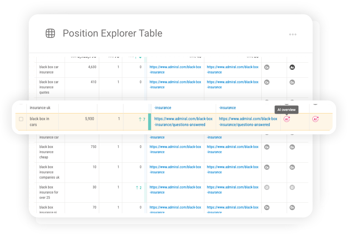 Position Explorer table displaying keyword rankings, URL performance and ranking changes over time.