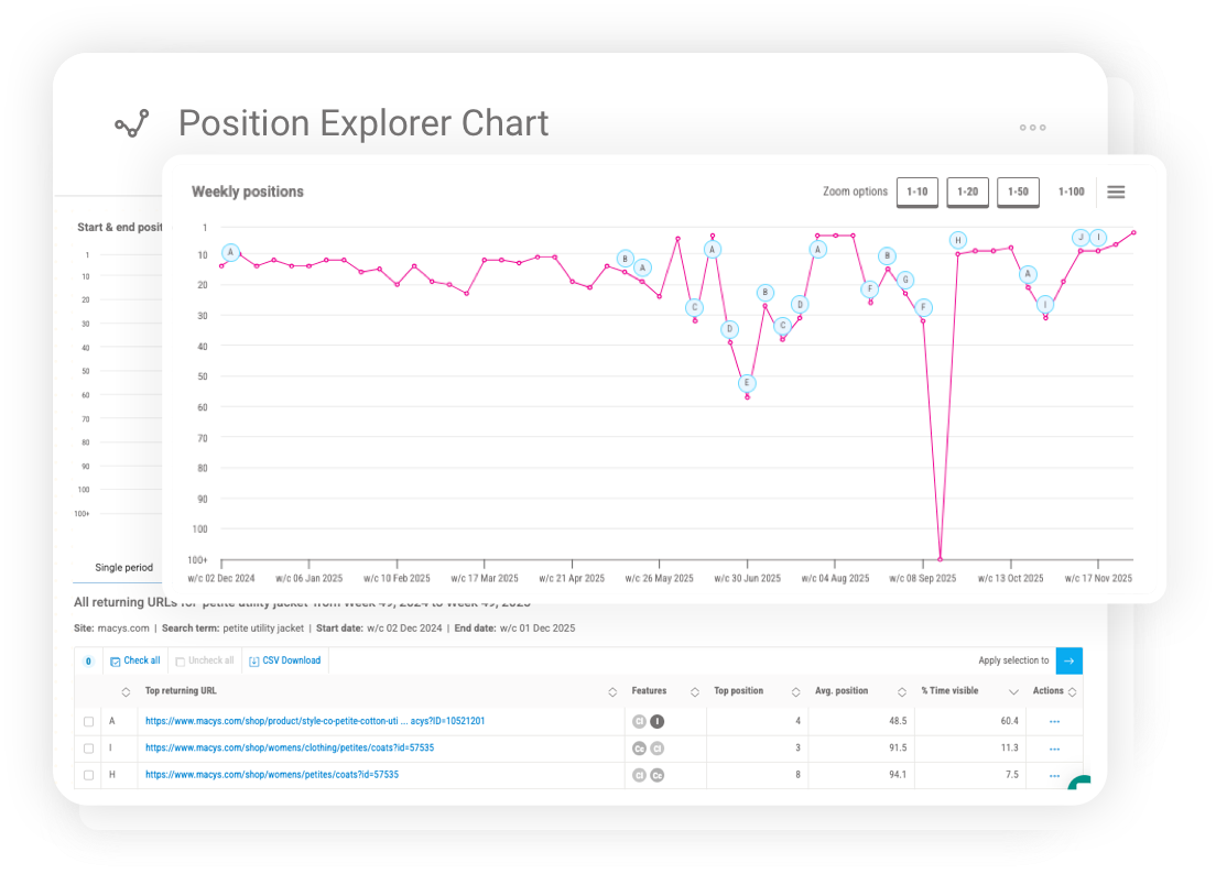 Daily ranking data view highlighting sudden drops and conflicts affecting search visibility.